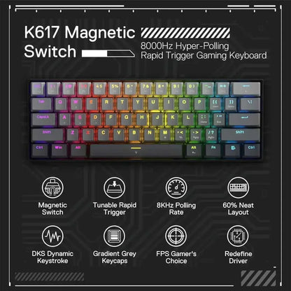 Redragon k617 gaming keyboard - fizz k617ggb magnetic switch 60% wired for rapid trigger action - keyboard
