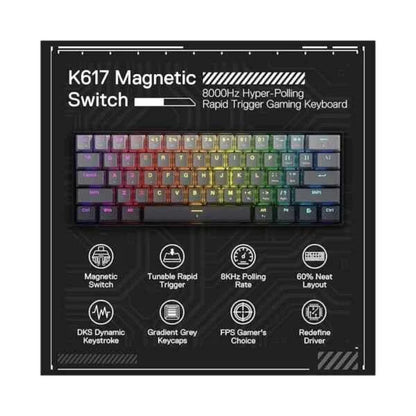 Redragon k617 gaming keyboard - fizz k617ggb magnetic switch 60% wired for rapid trigger action - keyboard