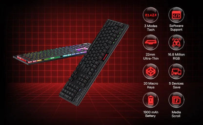 Redragon k618 horus 3-modes rgb mechanical ultra-thin low profile dedicated media control - red switch - keyboards