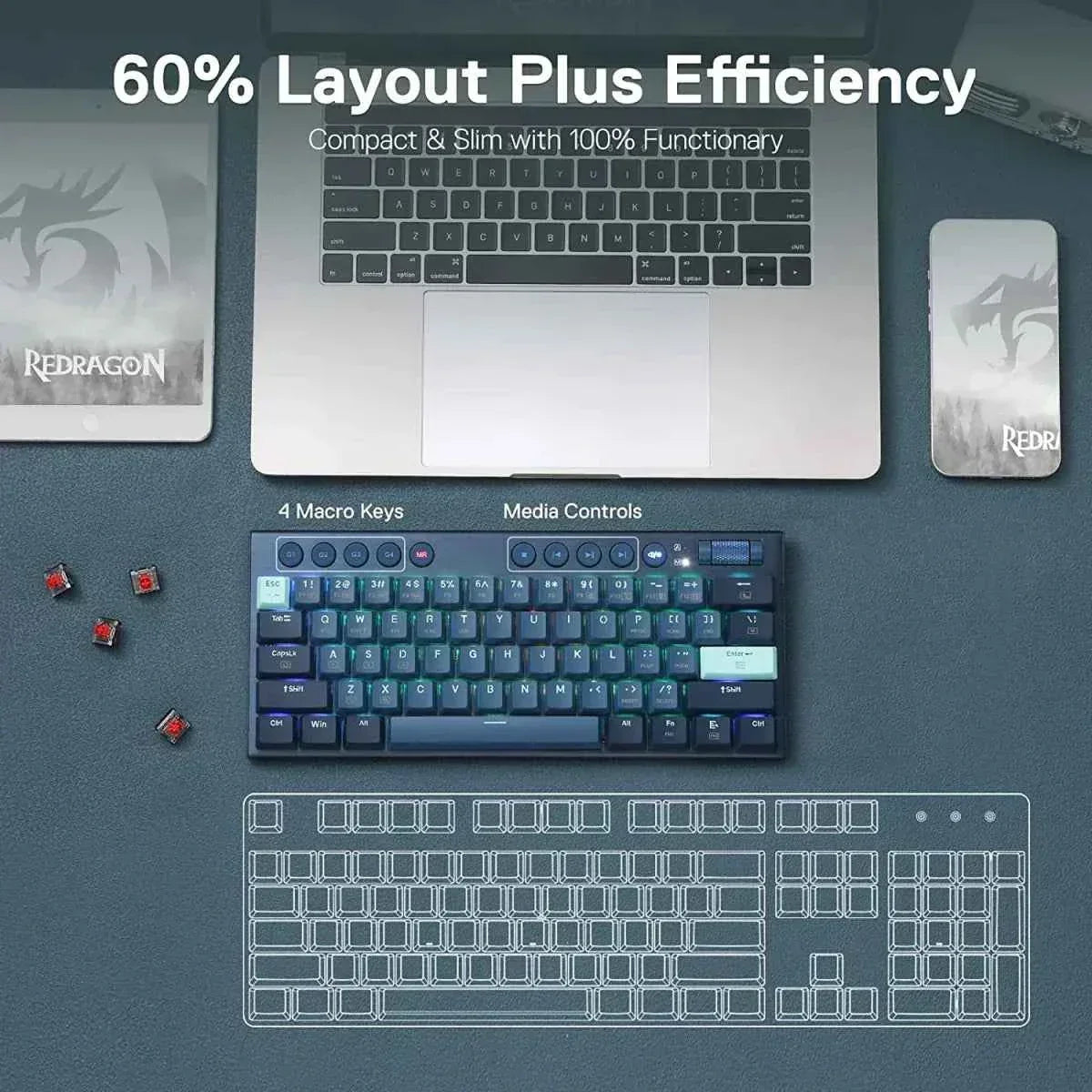 Redragon k632 blue pro mechanical keyboard - 60% ultra-thin rgb with 3-mode connection - keyboard