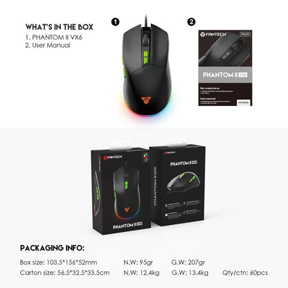 Fantech phantom ii vx6 gaming mouse for ultimate performance and neon macro features - mouse
