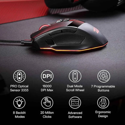 Redragon m813 rgb gaming mouse - ergonomic wired design with 4d dual mode scroll wheel - mouse
