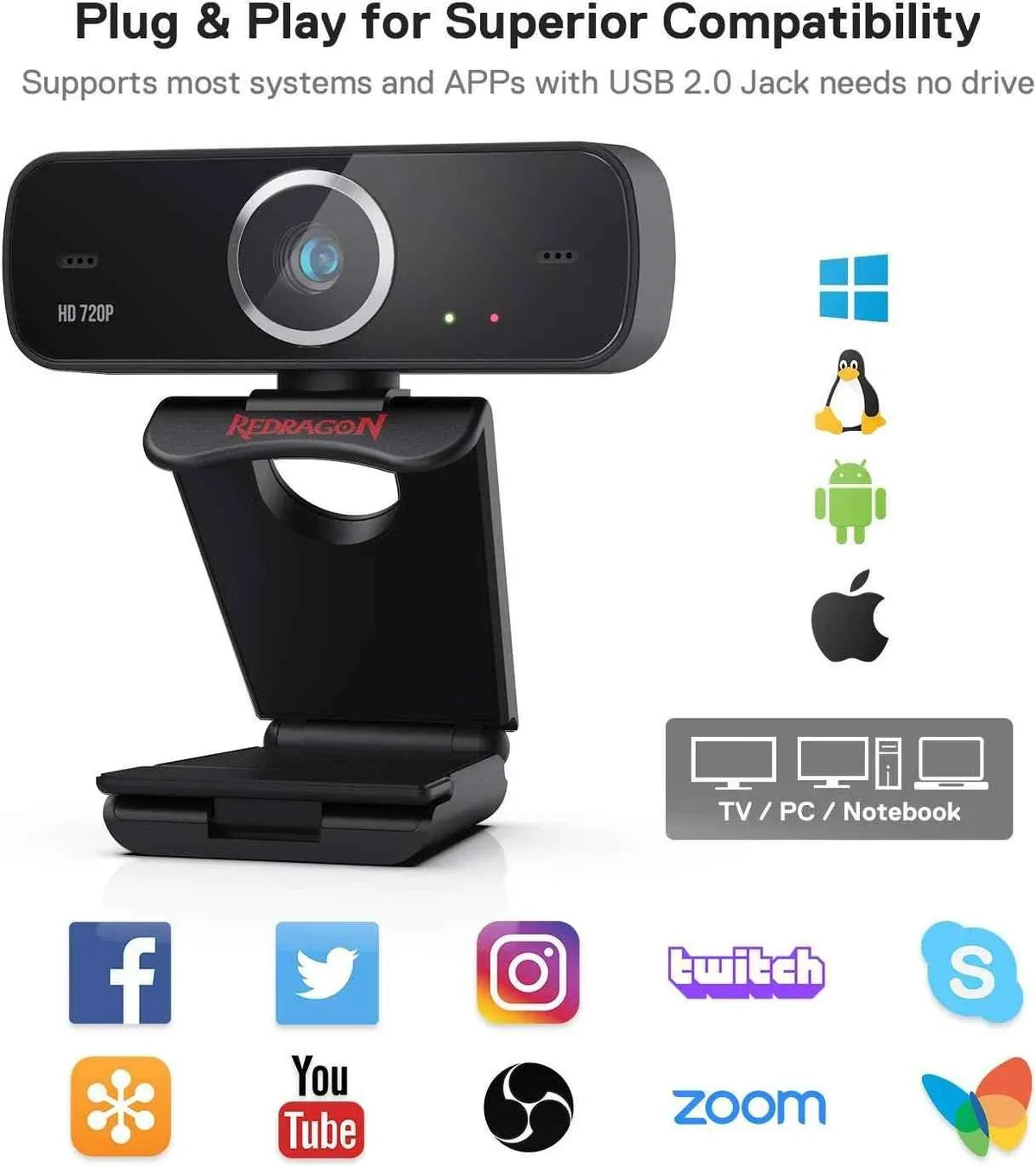 Redragon fobos 2 webcam gamer and streamer 720p gw600-1 black - streaming