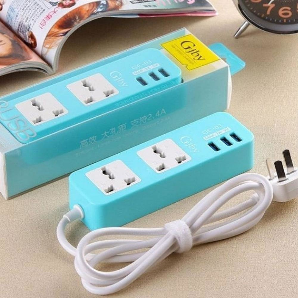 GJBY GC 03 Universal Smart Socket Power Strip With 3 USB Ports Cables & Chargers