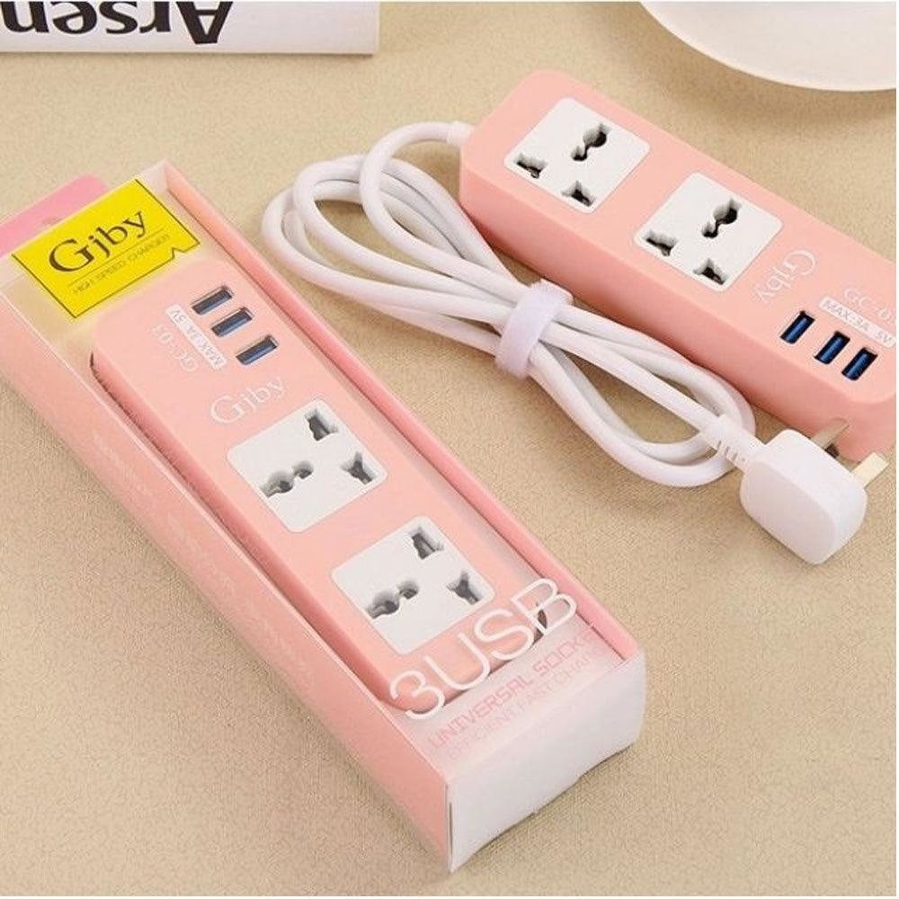 GJBY GC 03 Universal Smart Socket Power Strip With 3 USB Ports Cables & Chargers