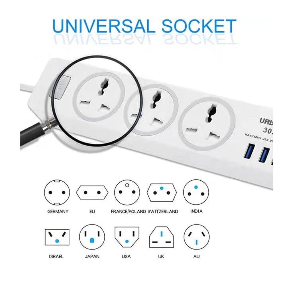 GJBY GC 05 Universal Smart Socket Power Strip With 3 USB Ports Cables & Chargers