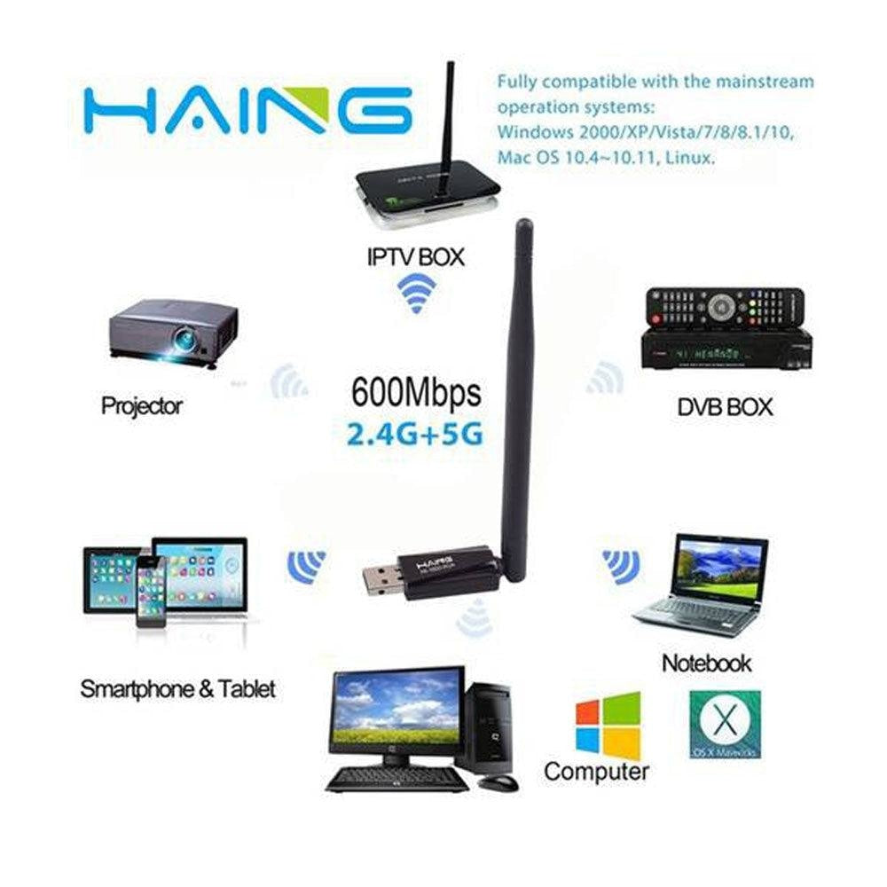 Haing HI 1600 WUA USB WiFi Wireless Adapter 600Mbps Cables & Chargers
