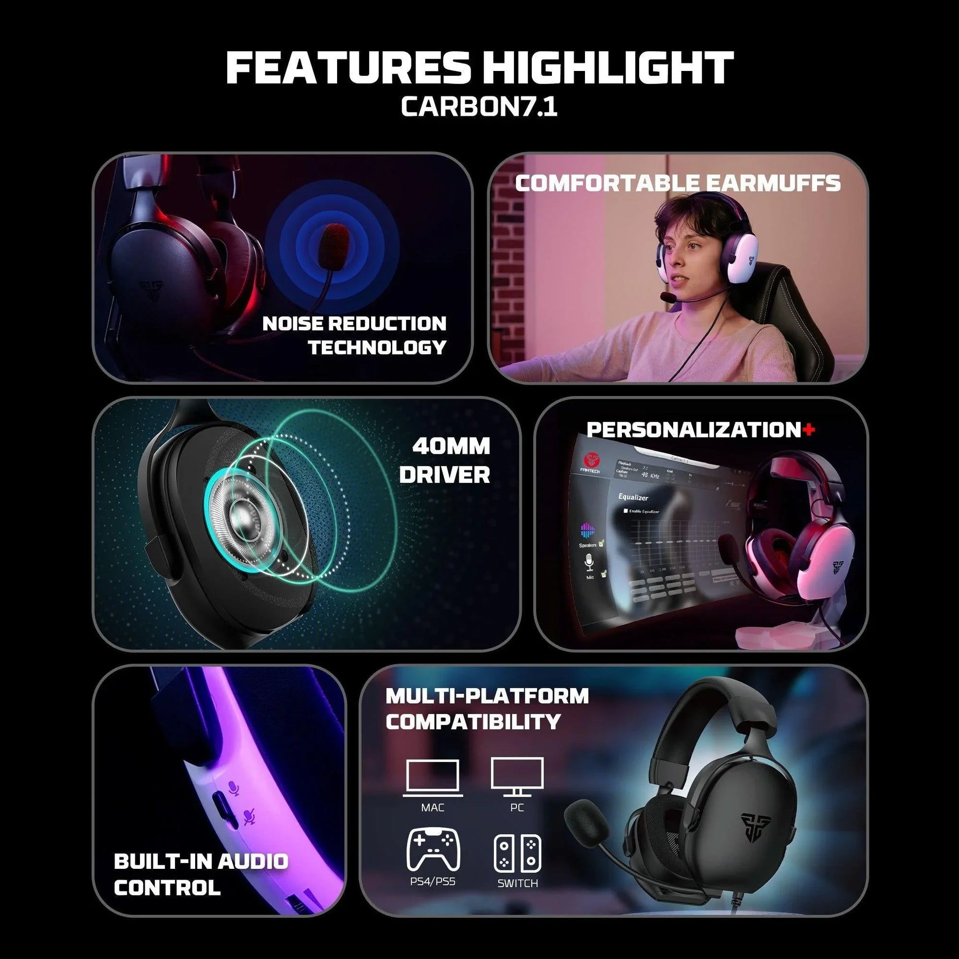 Fantech hg30 carbon 7.1 surround sound gaming headset black headsets