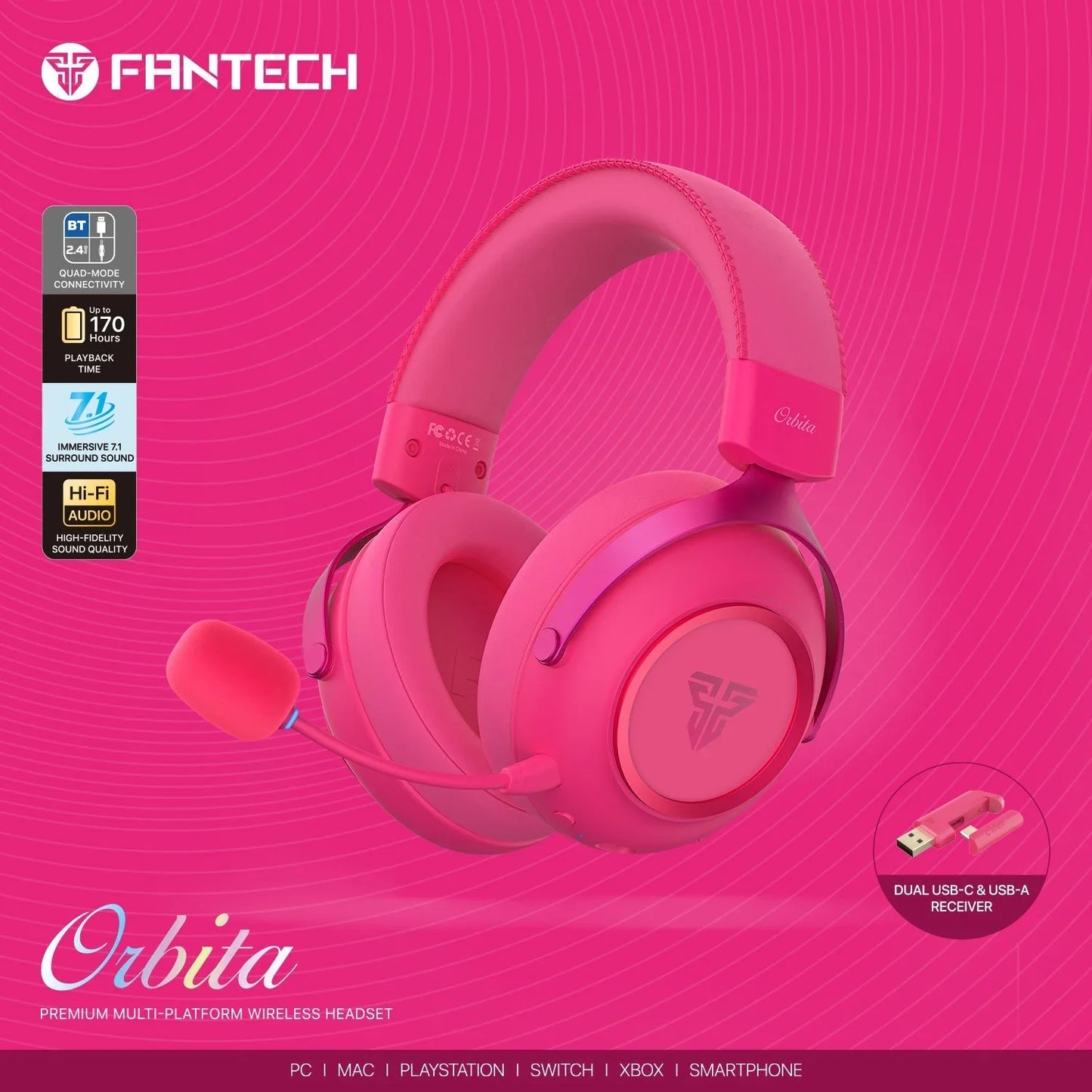 Fantech orbita whg07 2.4g bluetooth wireless gaming headset 53mm hi-fi 7.1