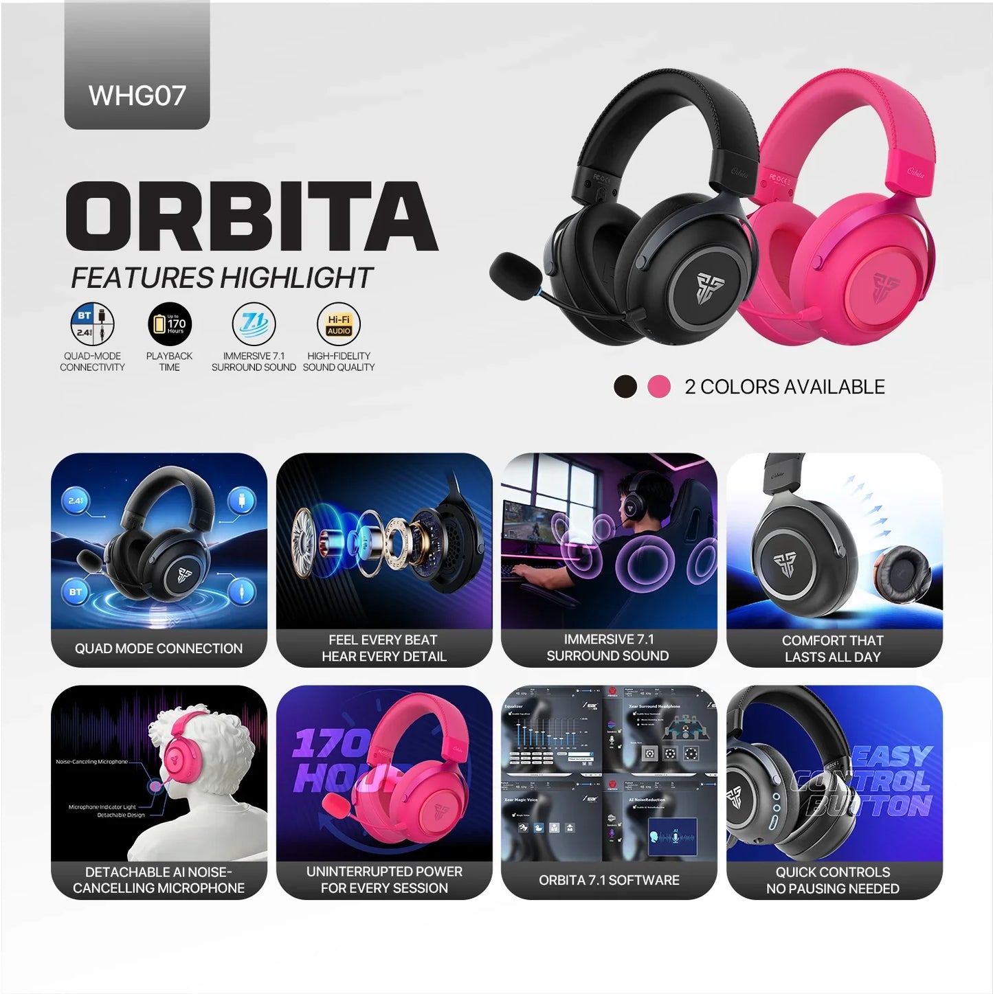 Fantech orbita whg07 2.4g bluetooth wireless gaming headset 53mm hi-fi 7.1