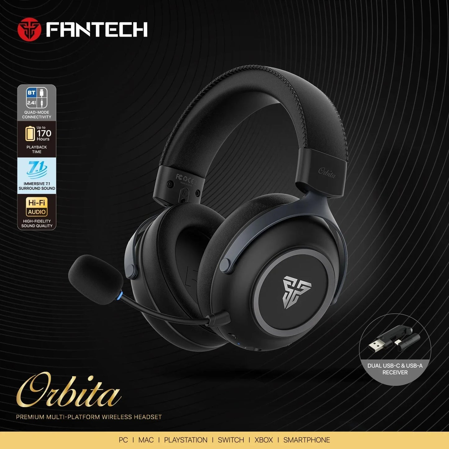 Fantech orbita whg07 2.4g bluetooth wireless gaming headset 53mm hi-fi 7.1