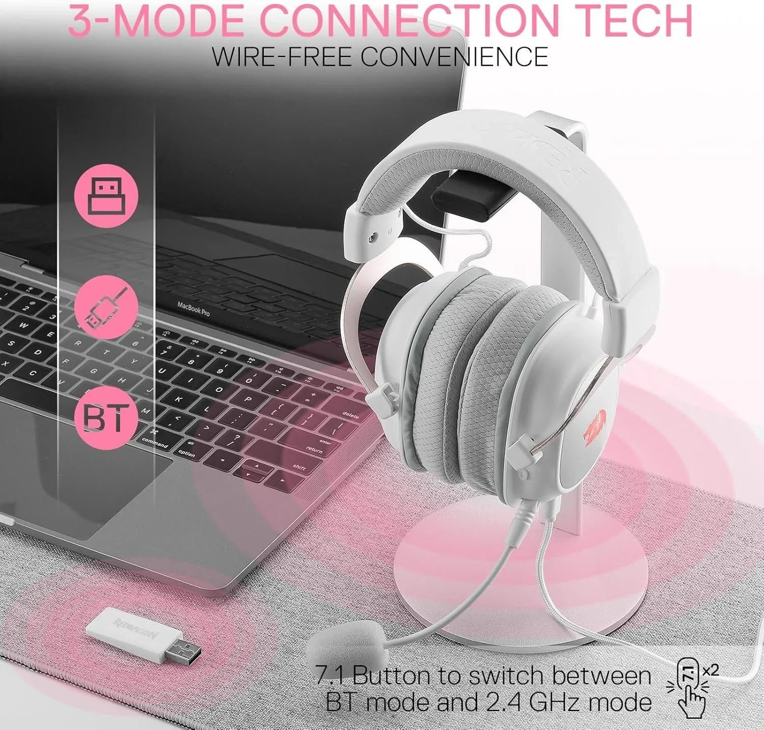 Redragon h510 pro 3-mode rgb gaming headset - 7.1 surround sound - 53mm audio