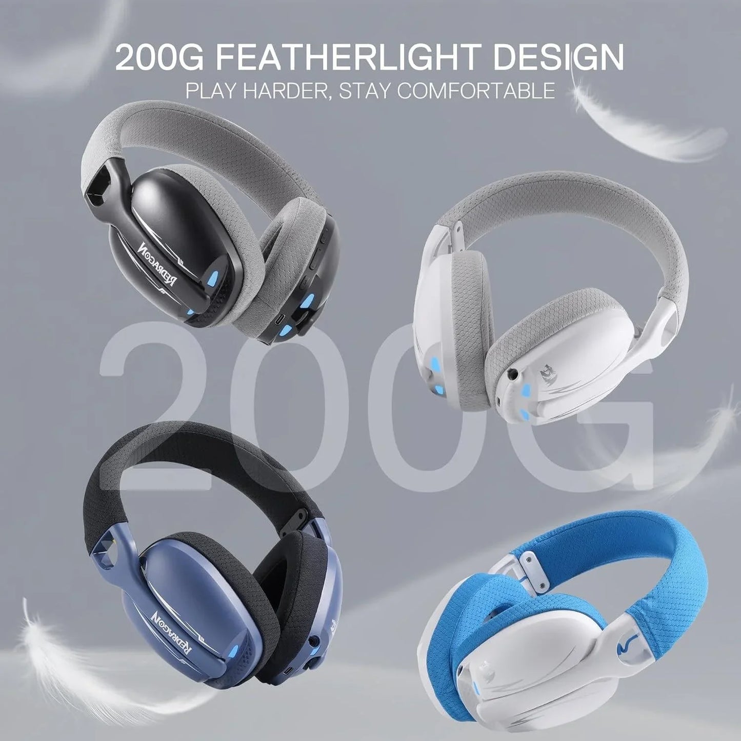 Redragon h878 3-mode wireless blue lighting gaming headset - lightweight - 7.1