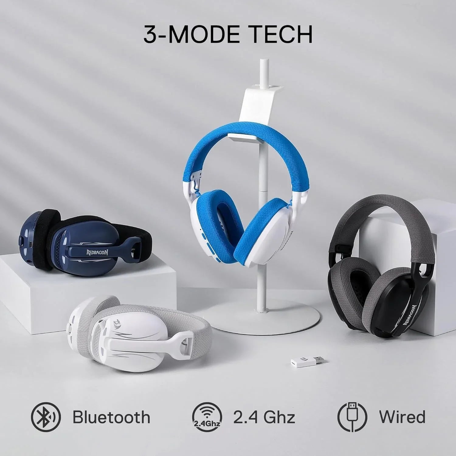 Redragon h878 3-mode wireless blue lighting gaming headset - lightweight - 7.1