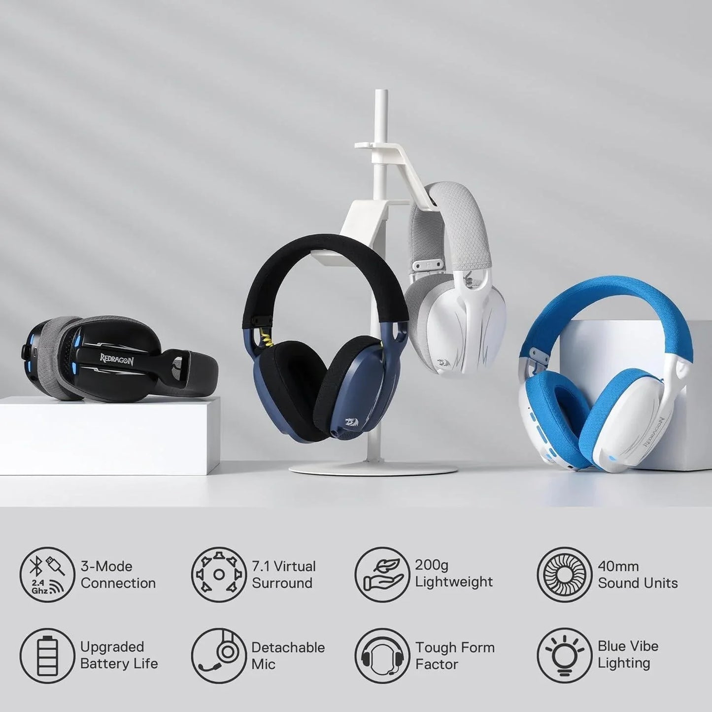 Redragon h878 3-mode wireless blue lighting gaming headset - lightweight - 7.1