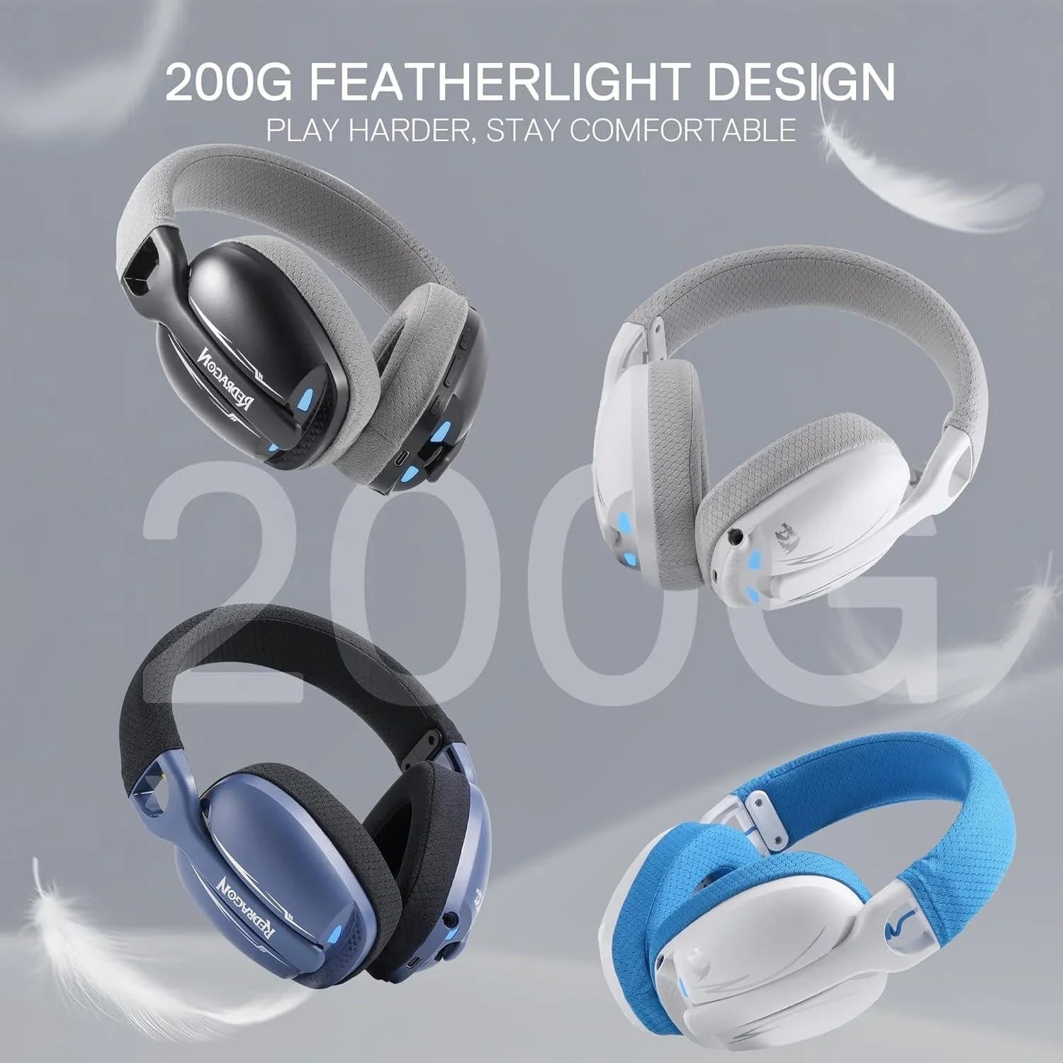 Redragon h878 3-mode wireless blue lighting gaming headset - lightweight - 7.1
