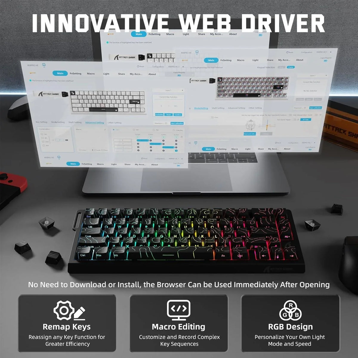 Attack shark x68 pro he wireless rapid trigger gaming keyboard with adjustable