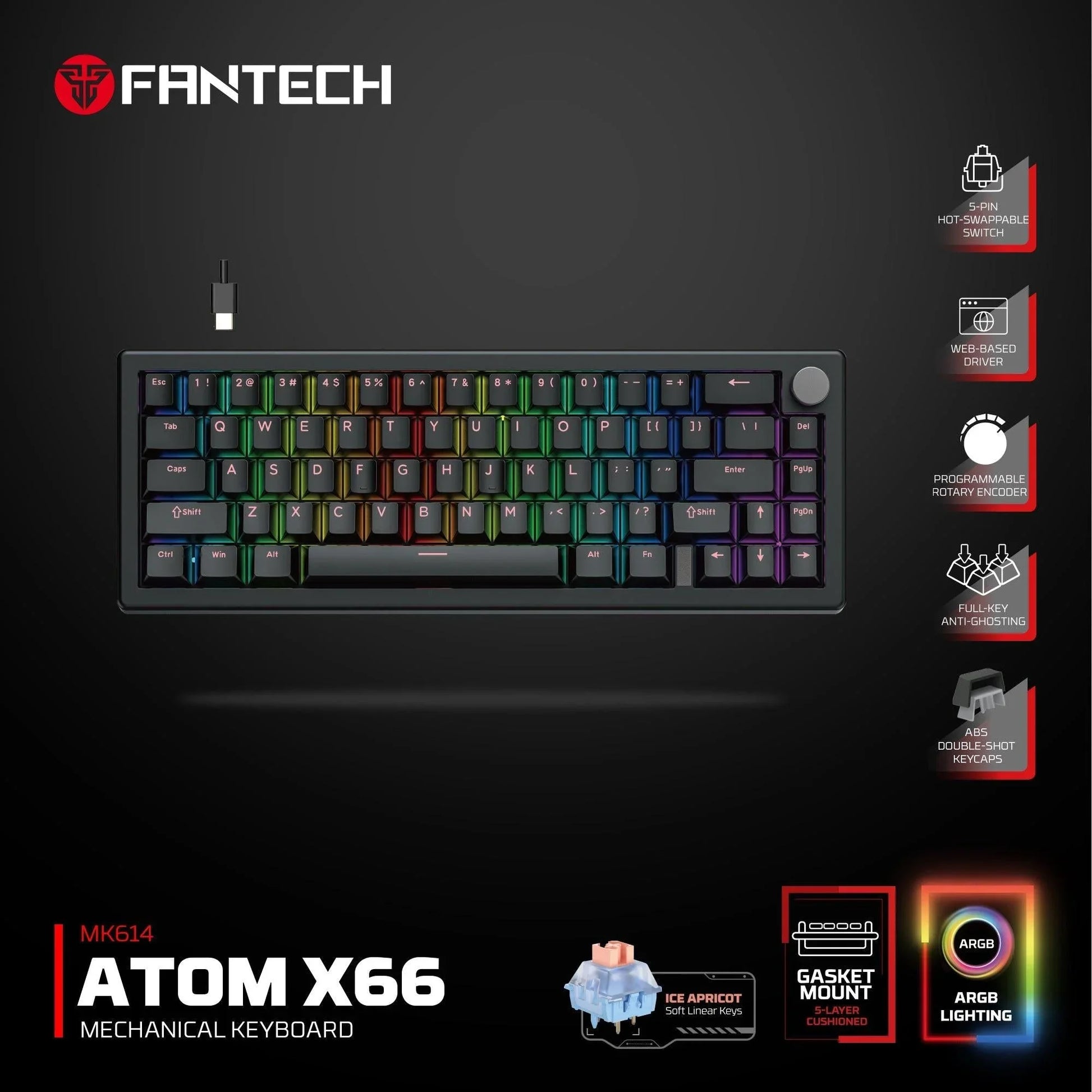 Fantech atom x66 mk614 mechanical keyboard - black keyboards