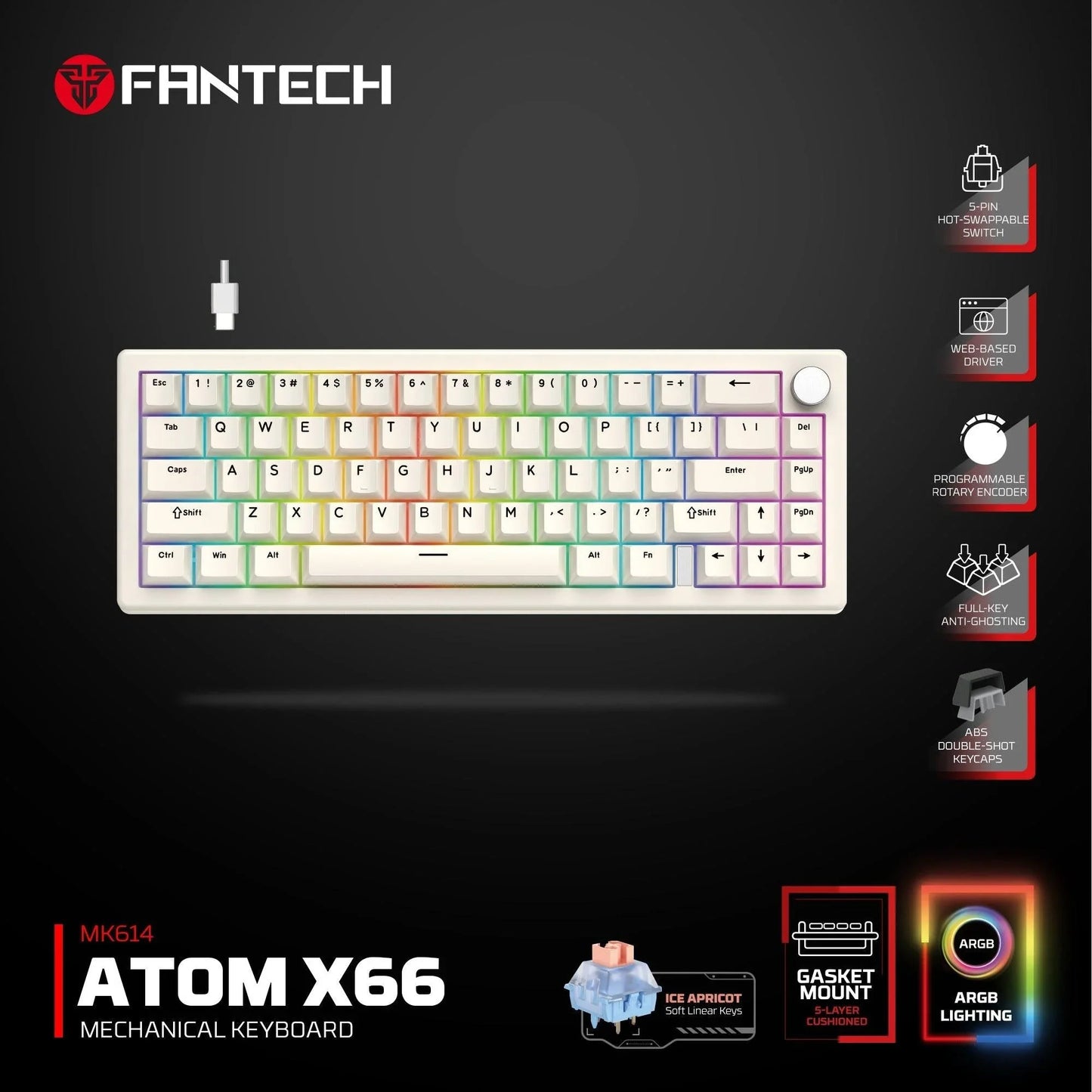 Fantech atom x66 mk614 mechanical keyboard - white keyboards
