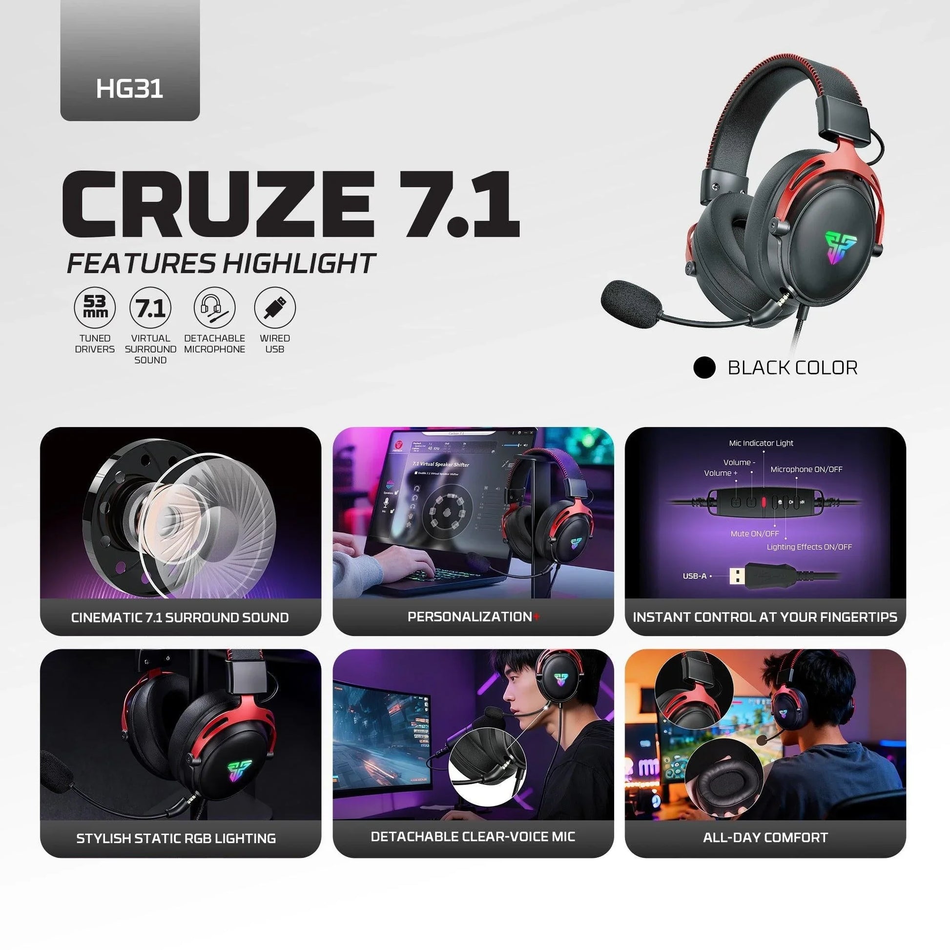 Fantech hg31 cruze 7.1 rgb gaming headset headsets