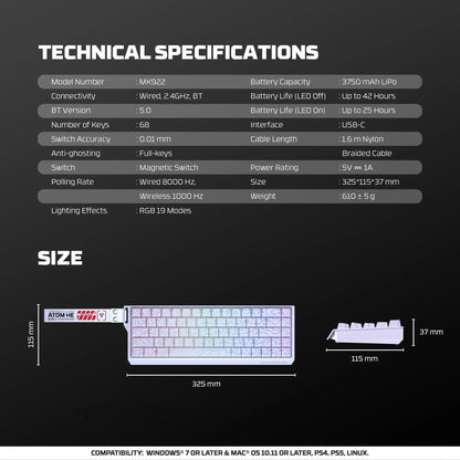 Fantech keyboard atom he68 mk922 magnetic switch – white keyboards