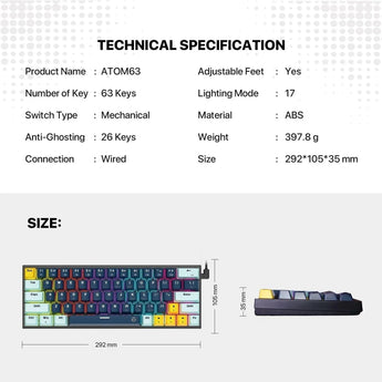 Fantech mk874 v2 atom 63 hot swappable mechanical keyboard navy blue keyboards