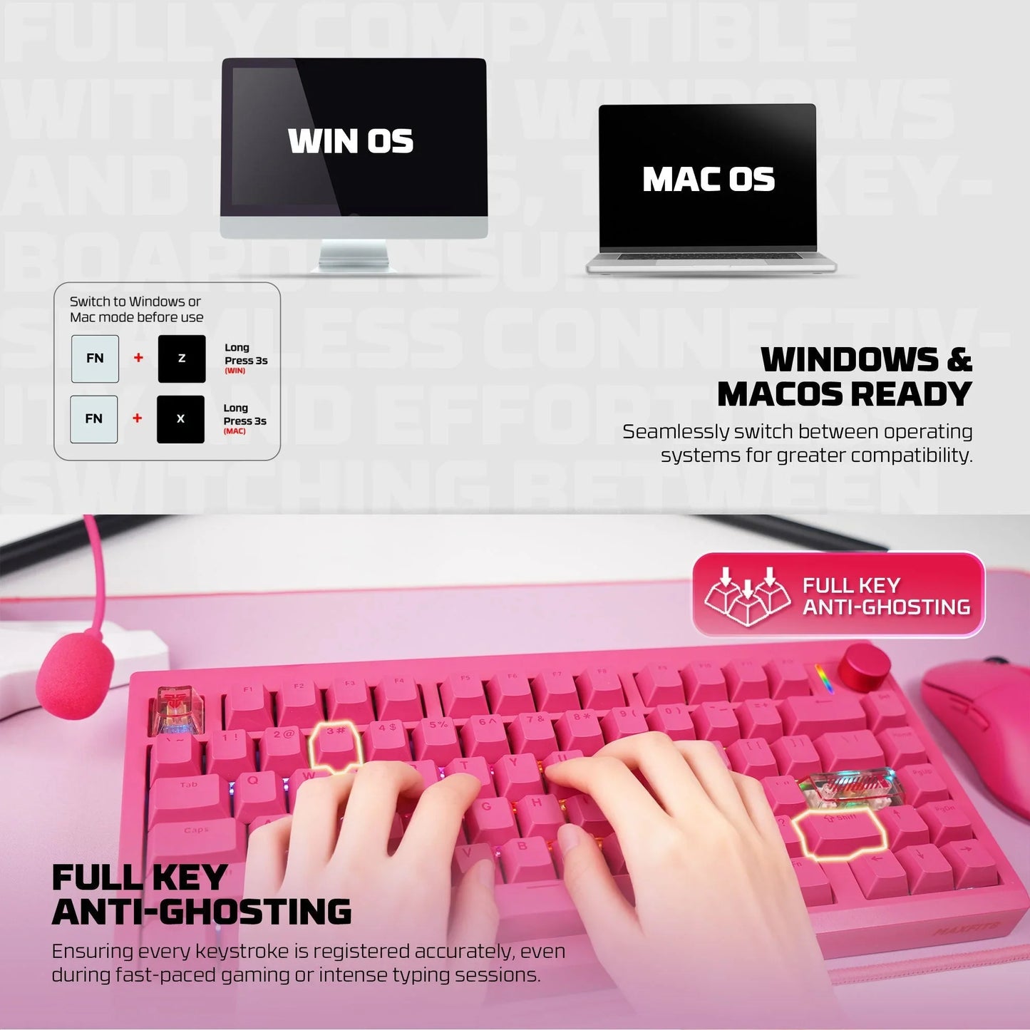 Fantech mk921 maxfit8 qmk mechanical keyboard pink keyboards