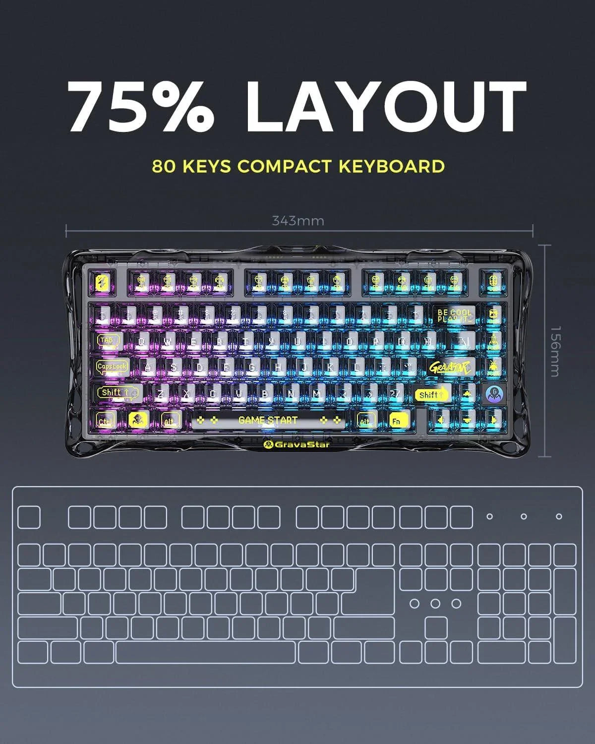 Gravastar mercury k1 lite 75% gaming keyboard 2.4ghz/bt/wired tri-mode wireless