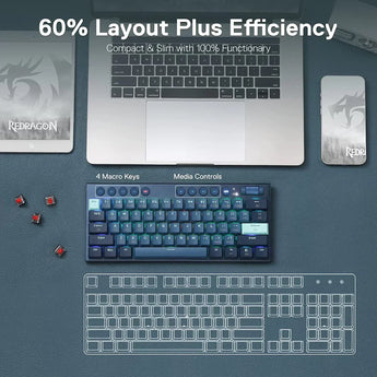 Redragon k632 blue pro 60% 3-mode connection rgb mechanical ultra-thin low