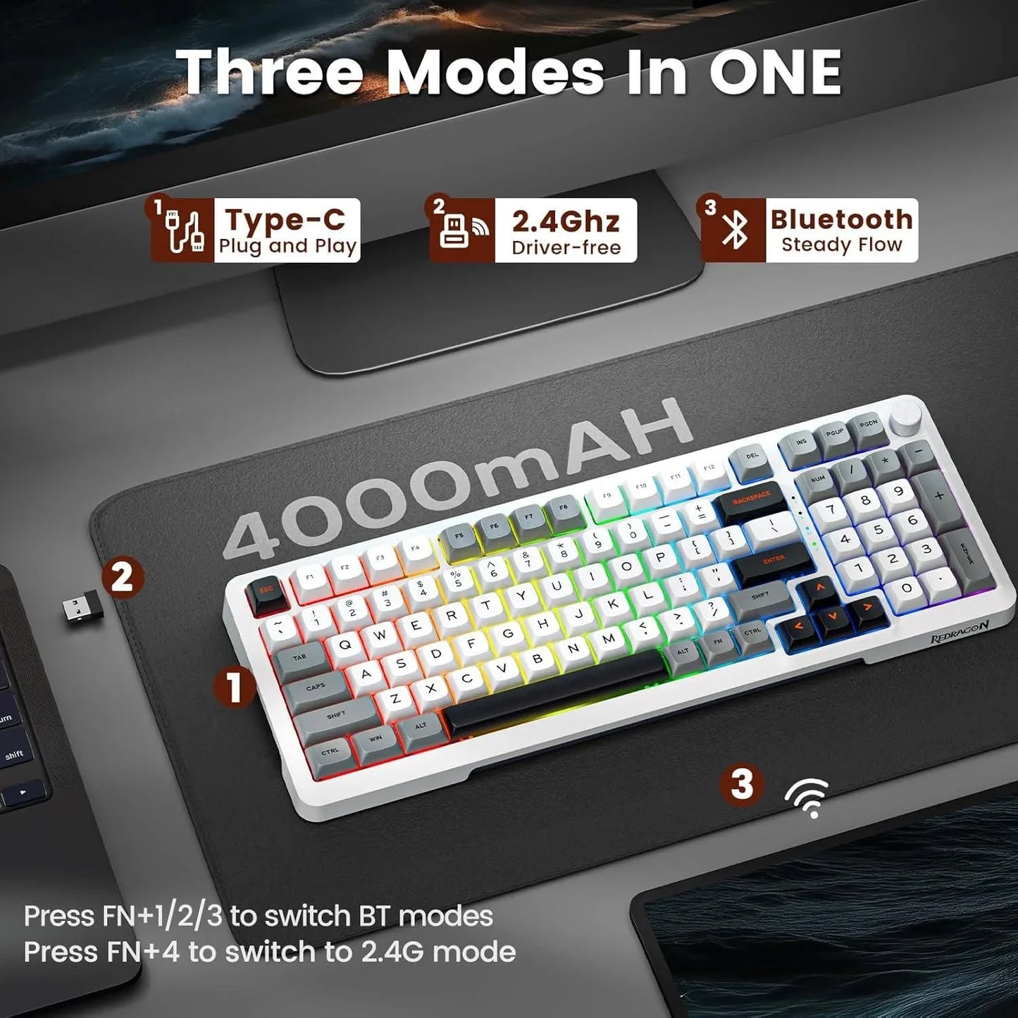 Redragon k688 gwl wireless mechanical keyboard 3 mode gasket mounted rgb
