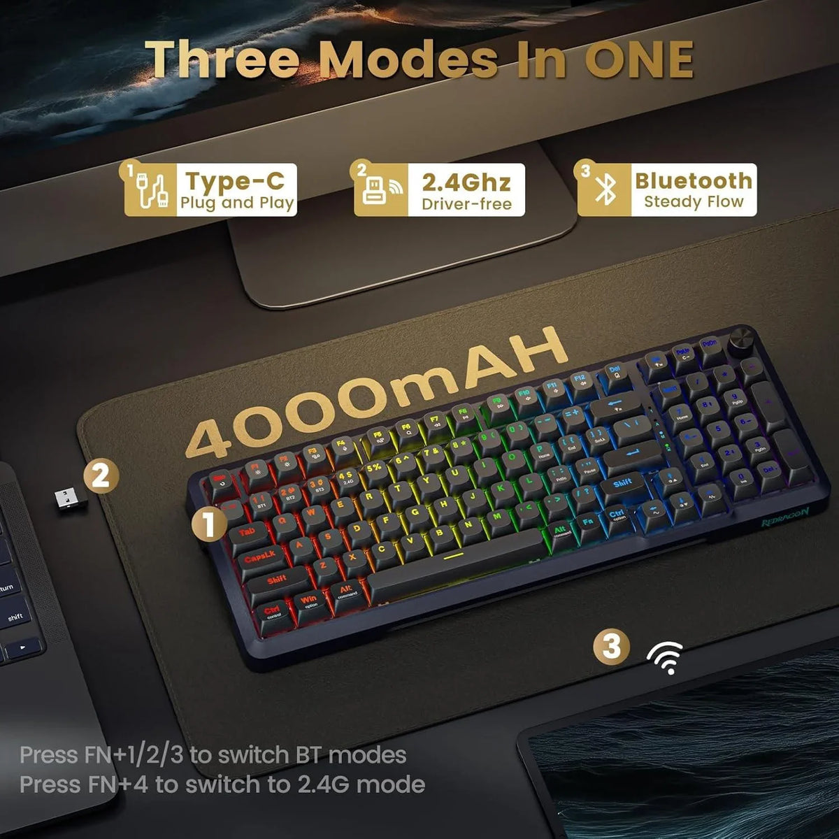Redragon k688 wireless mechanical keyboard 3 mode gasket mounted rgb gaming