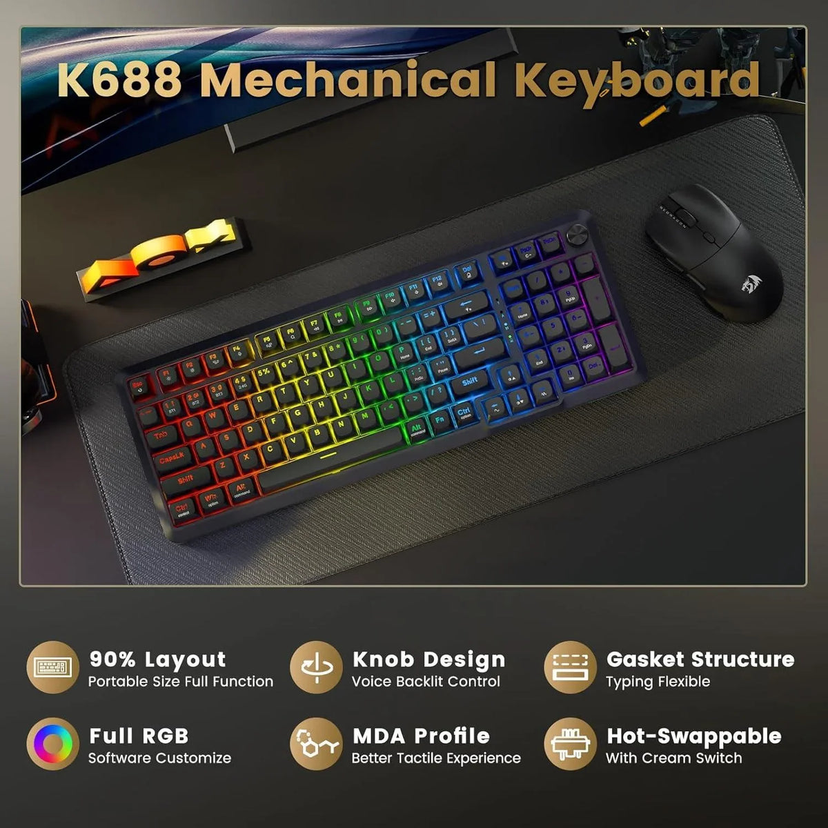 Redragon k688 wireless mechanical keyboard 3 mode gasket mounted rgb gaming