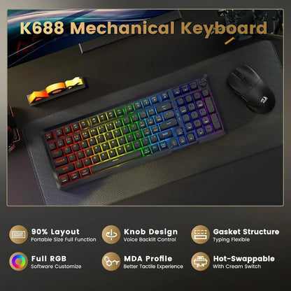 Redragon k688 wireless mechanical keyboard 3 mode gasket mounted rgb gaming