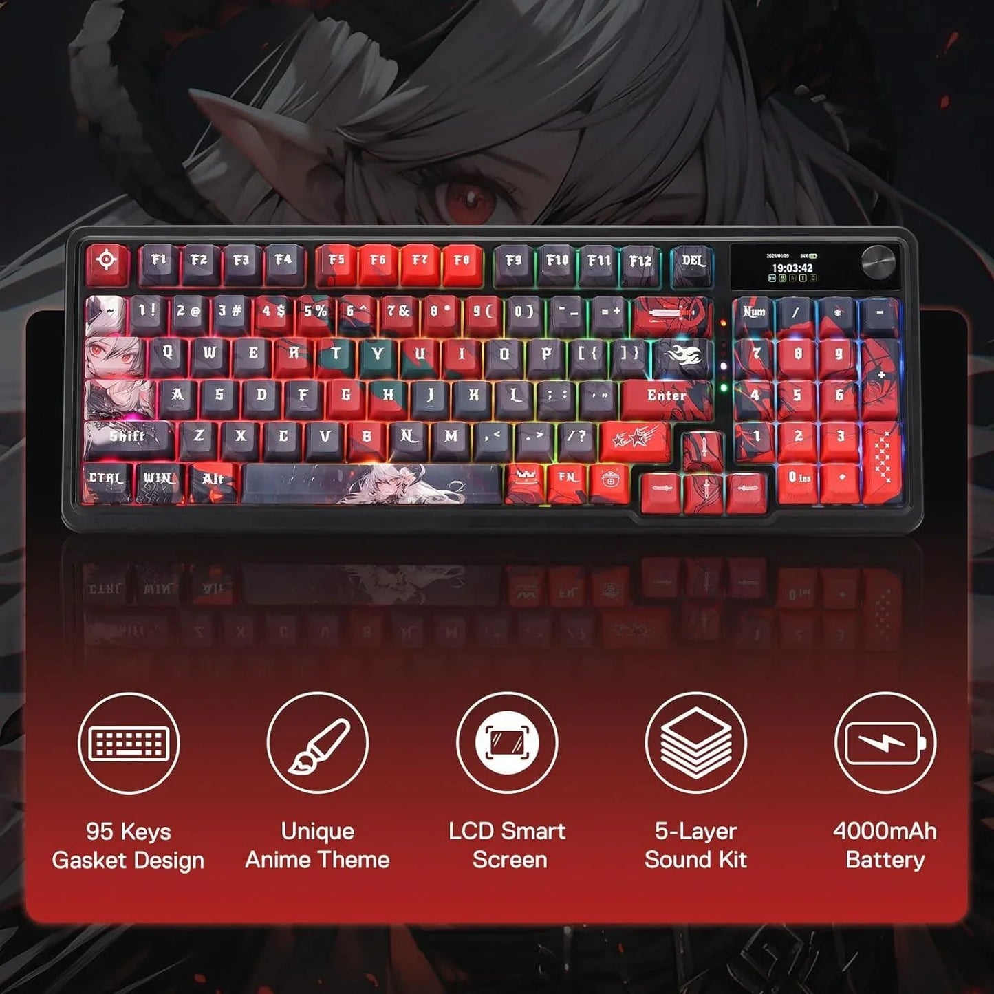 Redragon k719 pro wireless gasket gaming keyboard w/hype screen & knob 95 keys