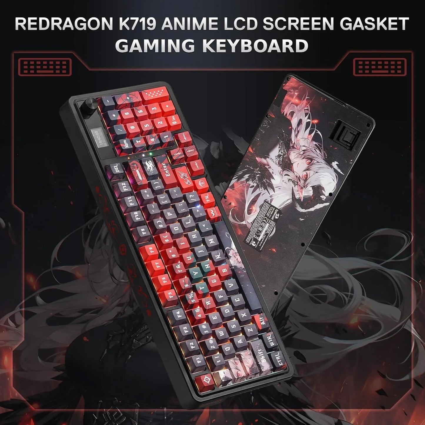 Redragon k719 pro wireless gasket gaming keyboard w/hype screen & knob 95 keys