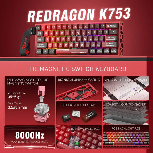 Redragon k753 he rapid trigger gaming keyboard 60% 61 keys wired mechanical