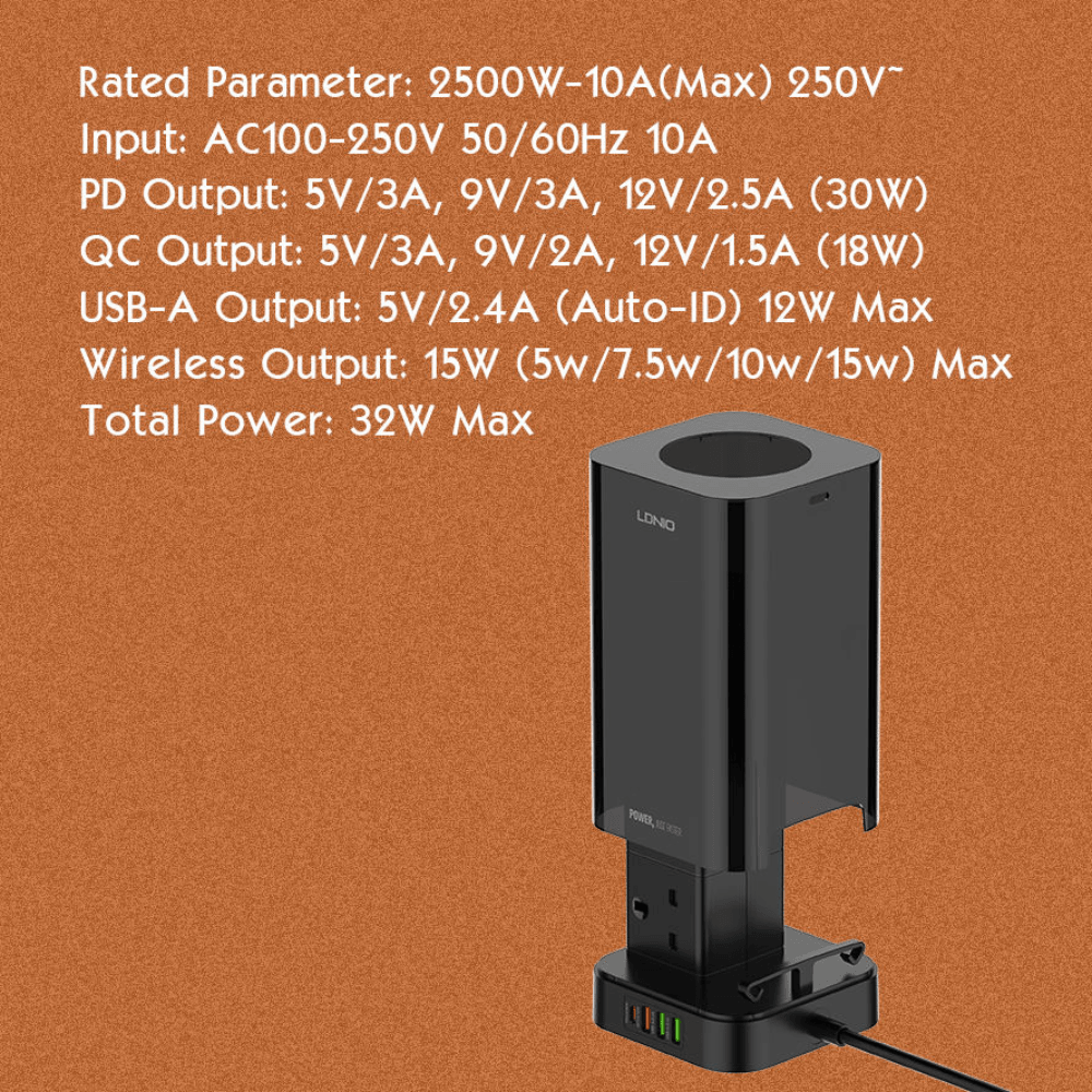 Ldnio 2m tower extension lead with 6 sockets, 4 usb slots & wireless charger uk - Fun Touch