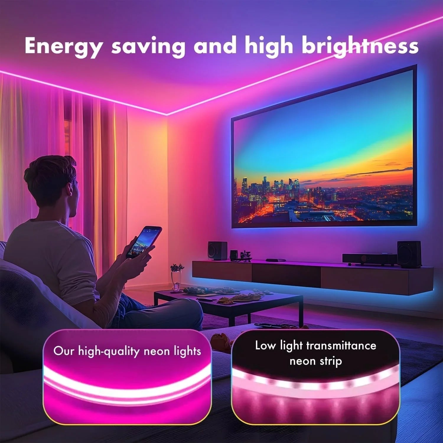 10m rgb-ic neon led strip light – 60+ dynamic lighting effects smart app &