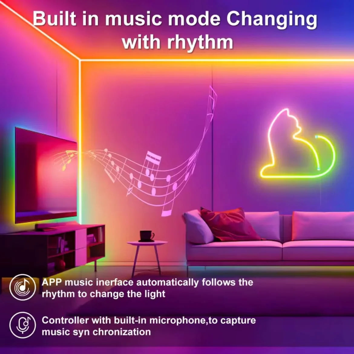10m rgb-ic neon led strip light – 60+ dynamic lighting effects smart app &