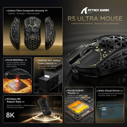 Attack shark r5ultra 8k carbon fiber wireless gaming mouse with 42000 dpi