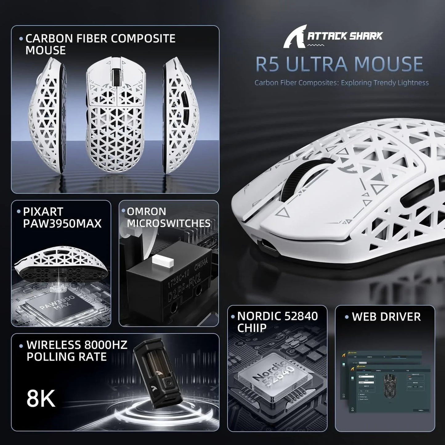 Attack shark r5ultra 8k carbon fiber wireless gaming mouse with 42000 dpi