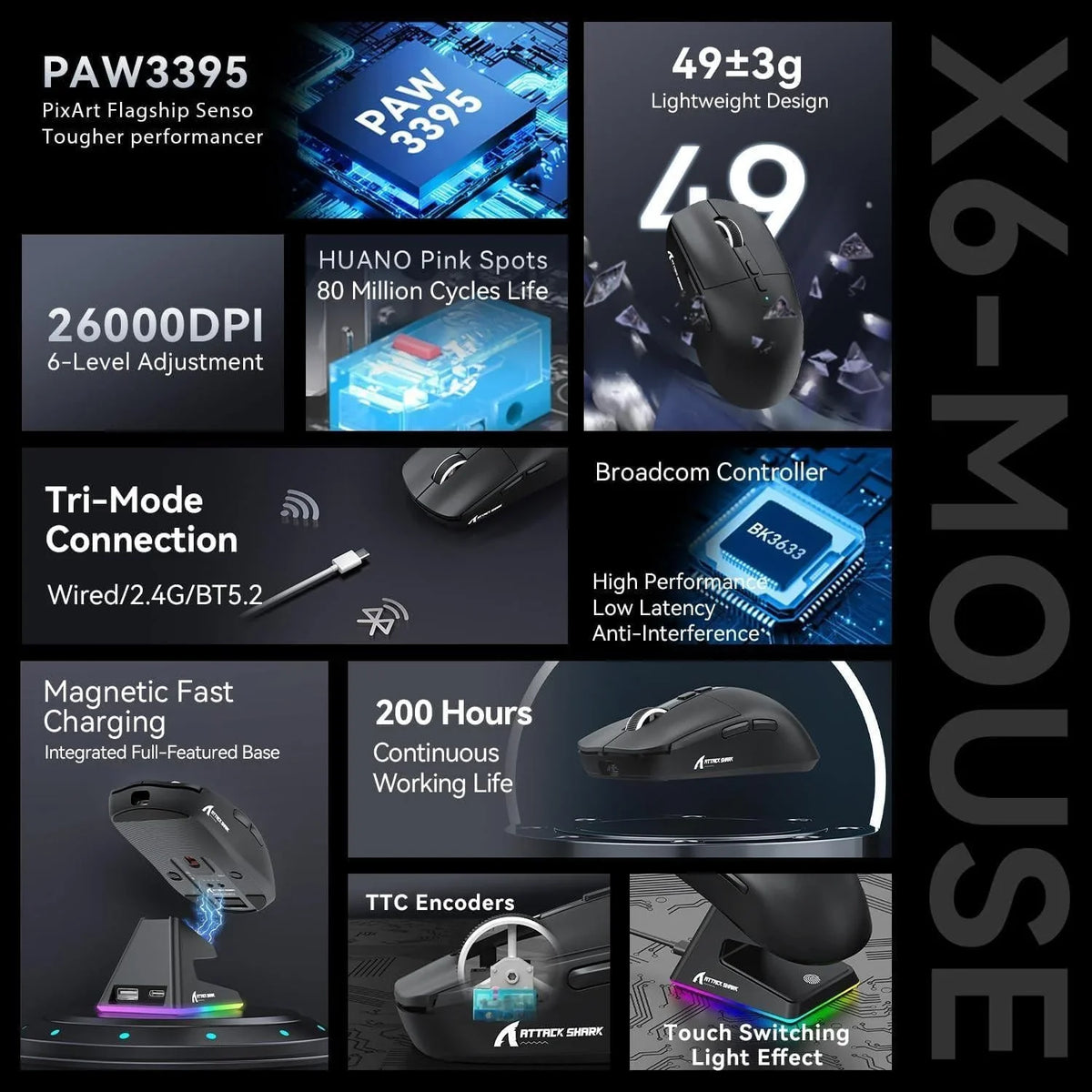 Attack shark x6 lightweight wireless gaming mouse with rgb backlight charging
