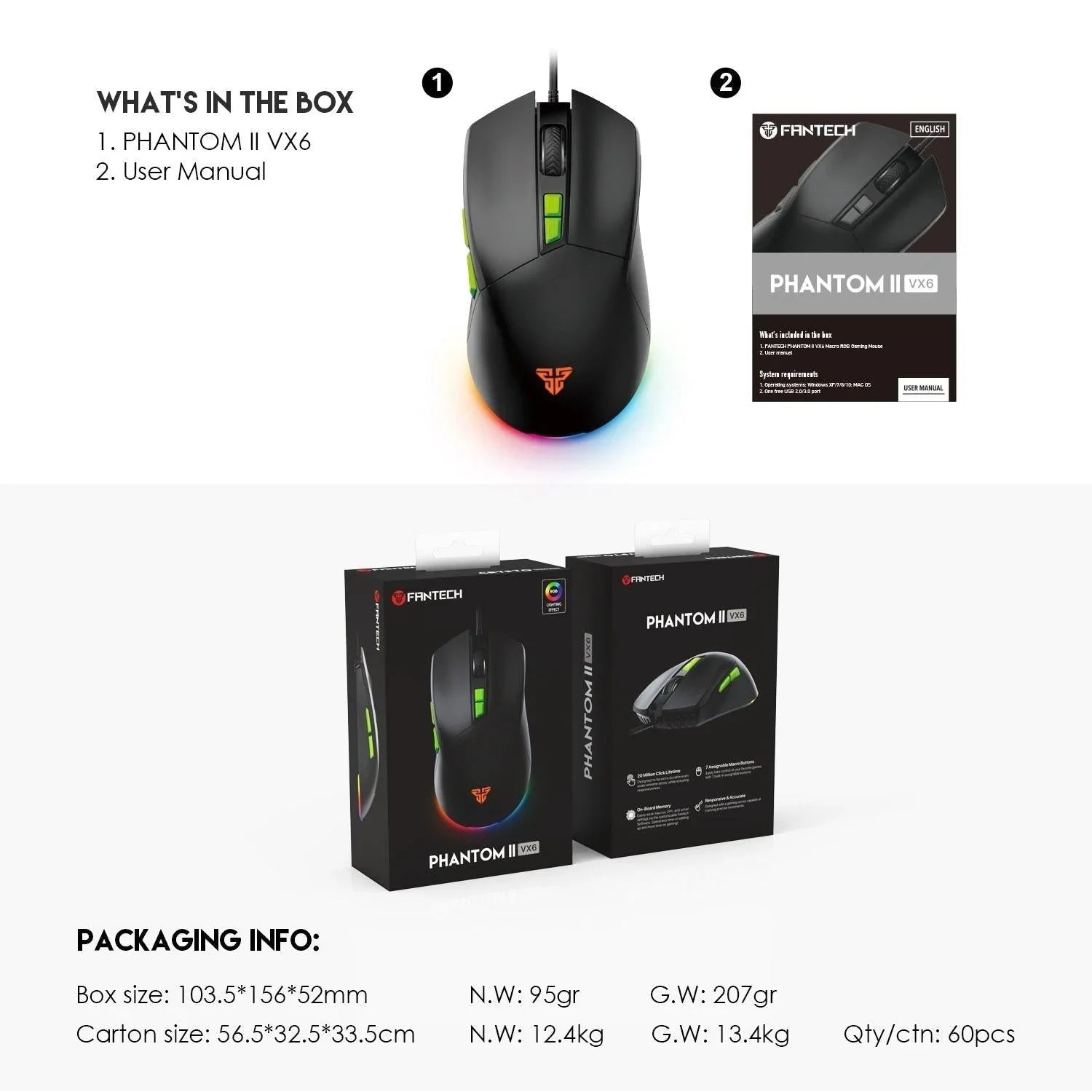 Fantech phantom ii vx6 neon macro gaming mouse