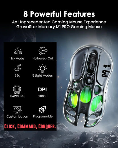 Gravastar mercury m1 pro wireless gaming mouse – 26,000 dpi paw3395dm sensor