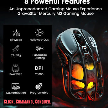 Gravastar mercury m2 wireless gaming mouse with 26,000 dpi paw3395dm sensor