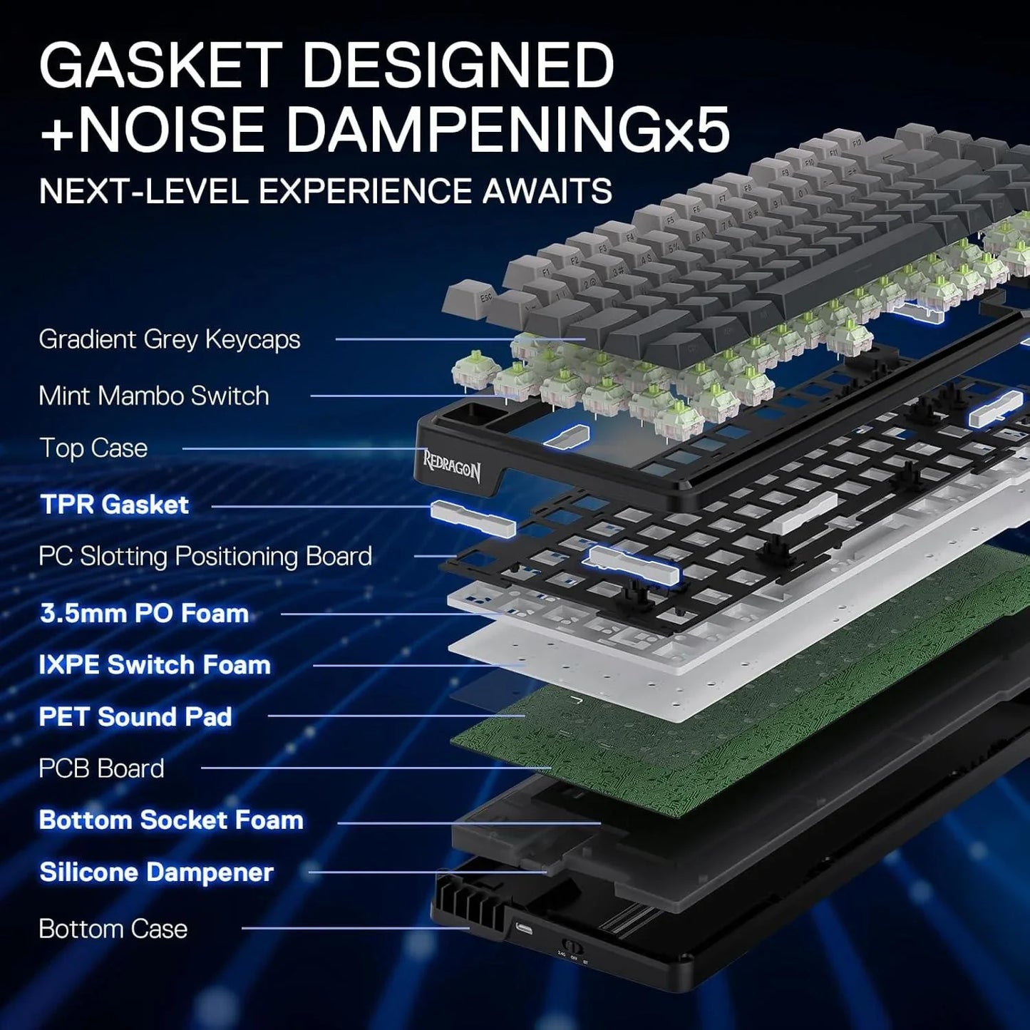 Redragon k673 gb 75% wireless gasket rgb gaming keyboard 3-modes 81 keys pbt