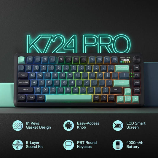 Redragon k724 pro wireless gasket gaming keyboard w/hype screen & knob 81-key