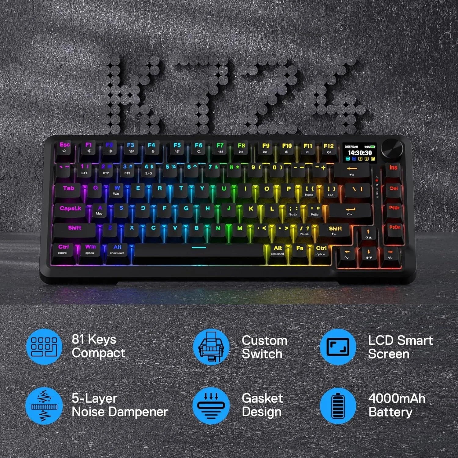 Redragon k724 pro wireless gasket gaming keyboard w/hype screen & knob 81-key