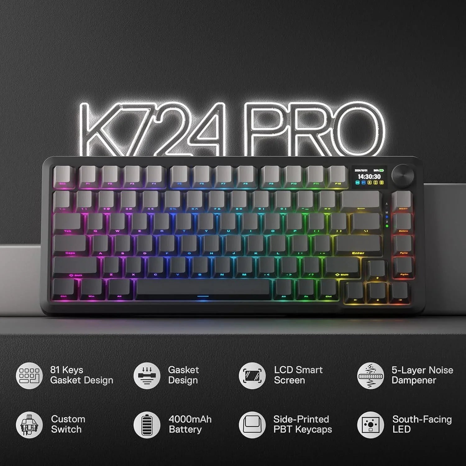 Redragon k724 pro wireless gasket gaming keyboard w/hype 1.14’’ tft screen &