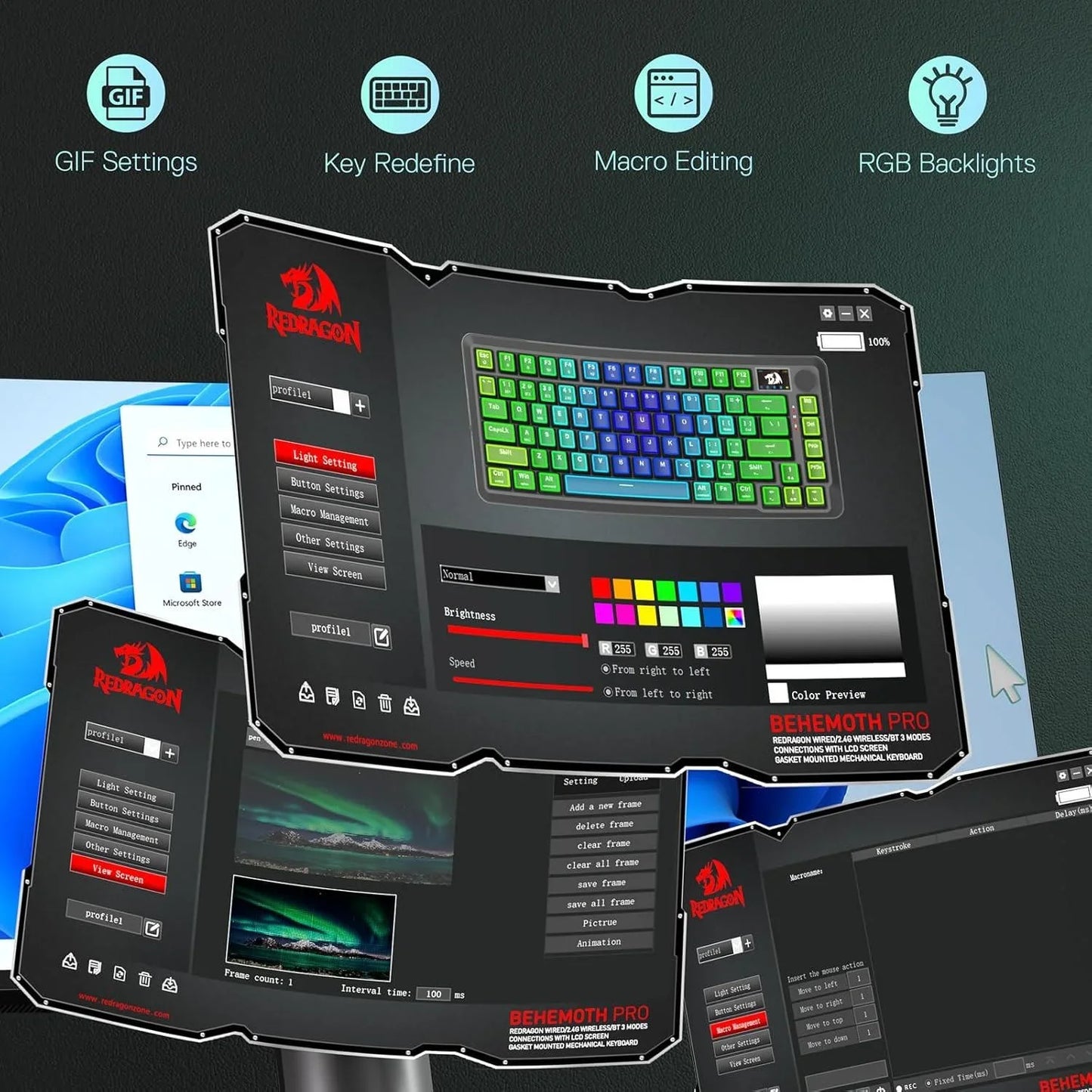 Redragon k724 pro wireless gasket gaming keyboard w/hype screen & knob 81-key